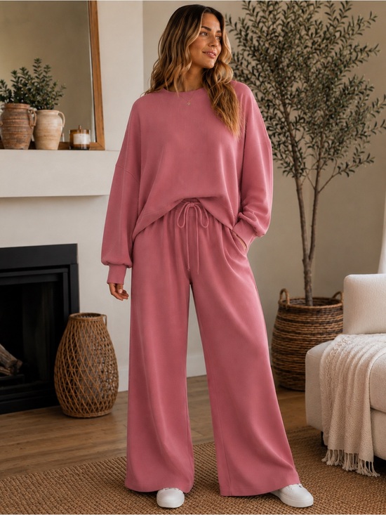 Zenana Other - ZENANA Ribbed Lounge Set Dusty Rose Batwing Top Wide Leg Pants M NWOT